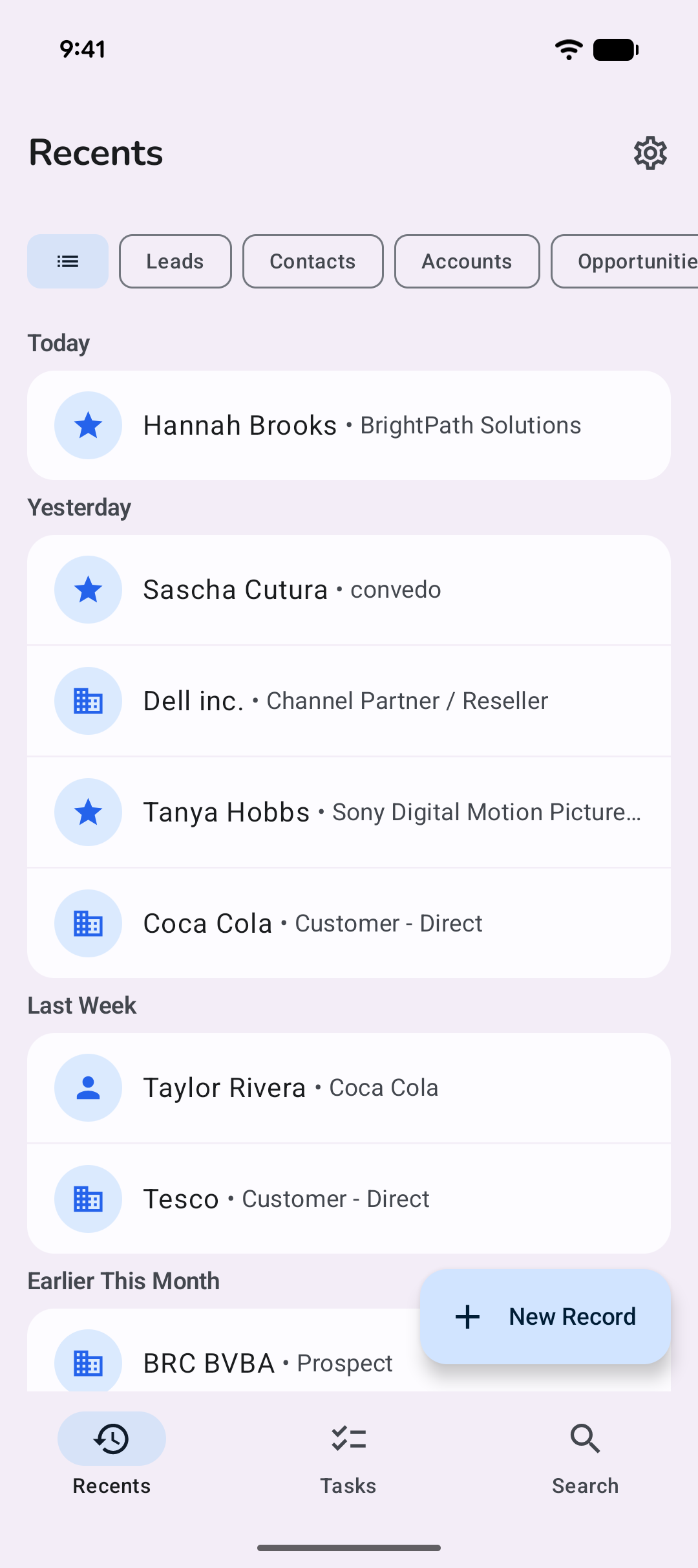 Recent Salesforce records list on Android showing leads and contacts