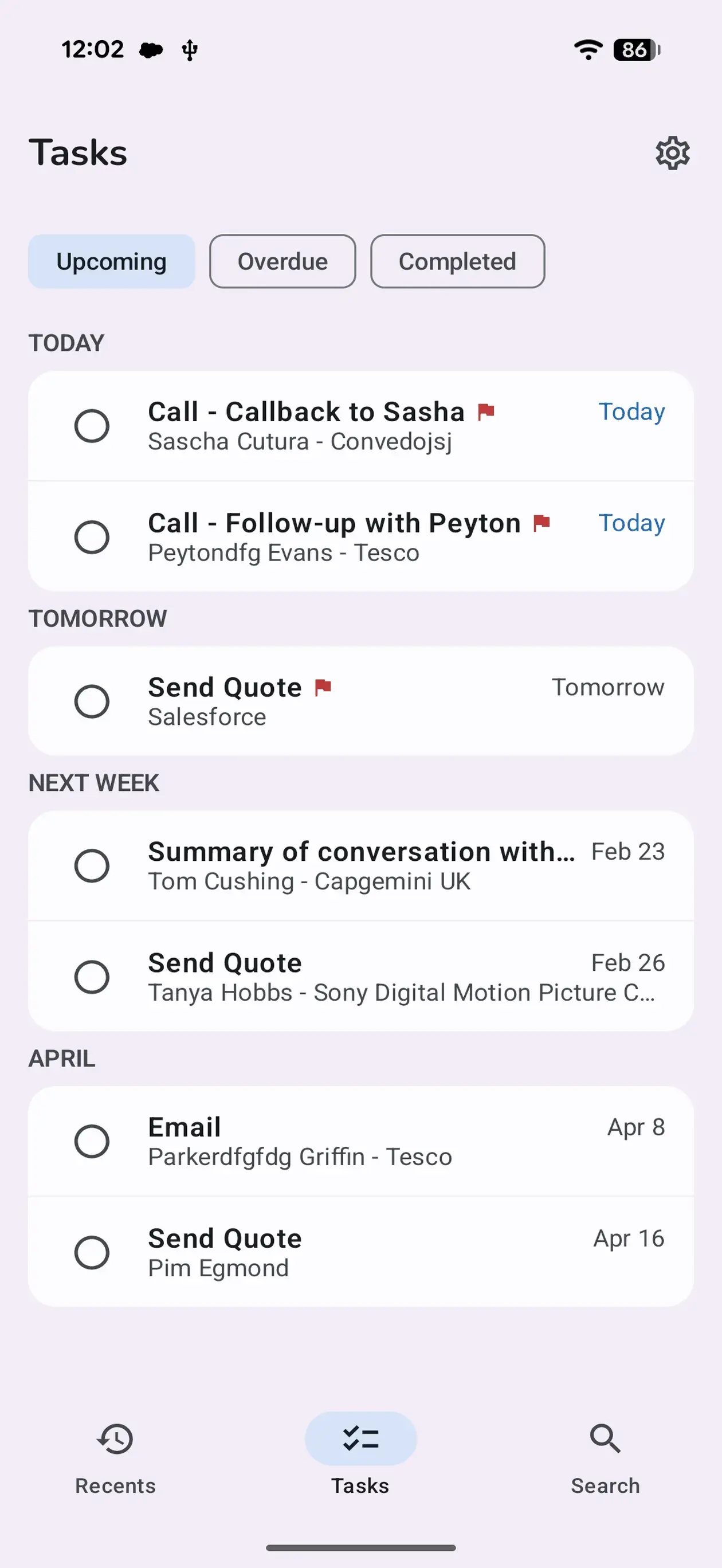 Salesforce tasks and follow-ups organized by date on Android