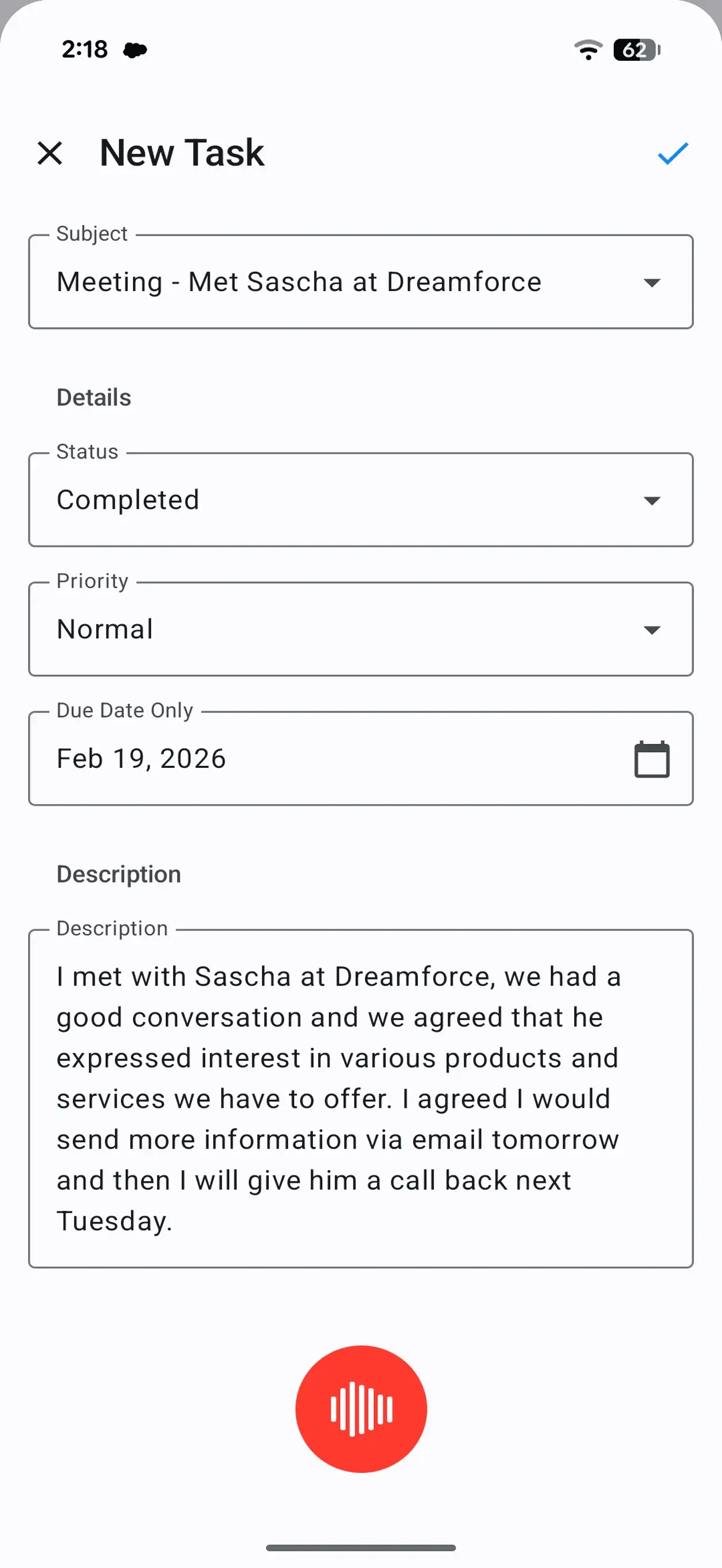 Recording a voice note to create a Salesforce task on Android